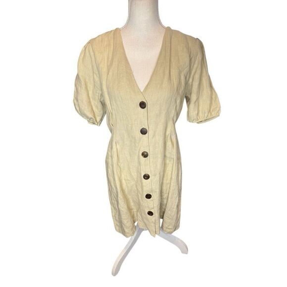 Zara Stone Linen Puff Sleeve Dress Bloggers Size Small Large Summer Boho - Picture 2 of 6